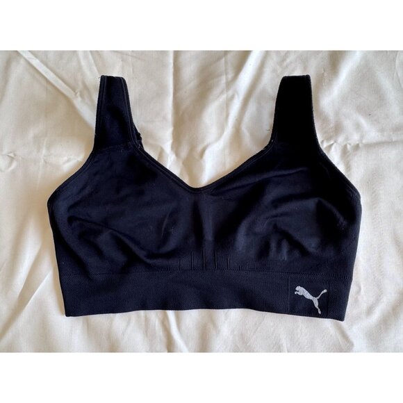 Puma Womens Adjustable Black Sports Bra With Logo Size M Seamless Stretchy - Picture 1 of 4